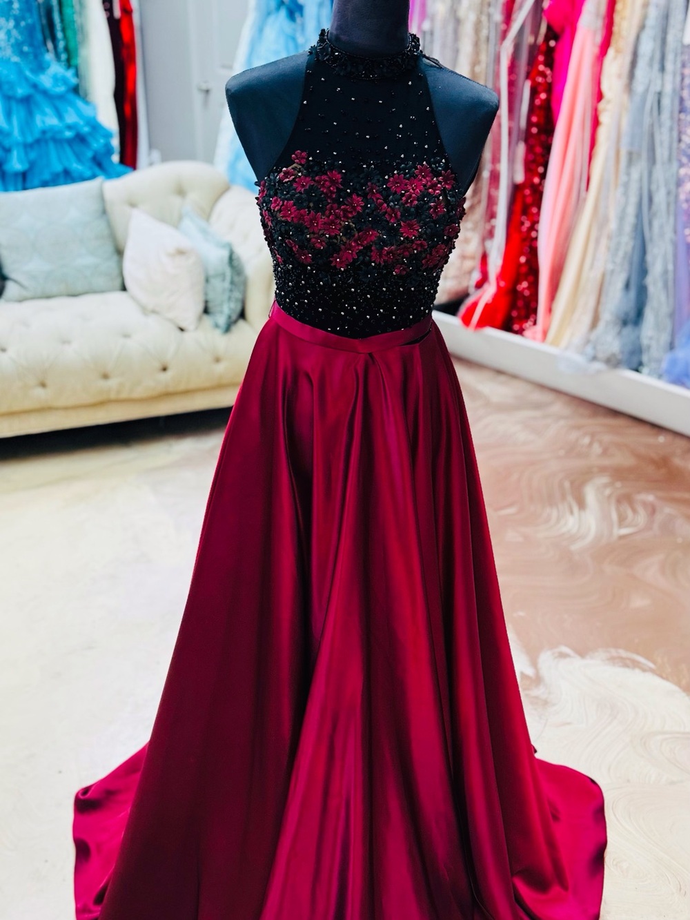 Beaded High-Neck Burgundy and Black Prom Gown